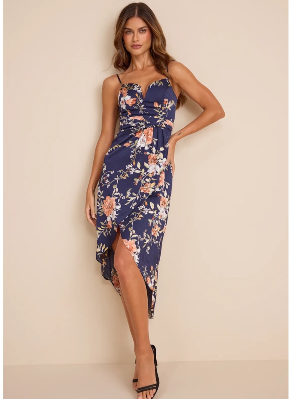Lulus My Favorite Day Navy Blue Floral Tulip Skirt Midi Dress Event
Large